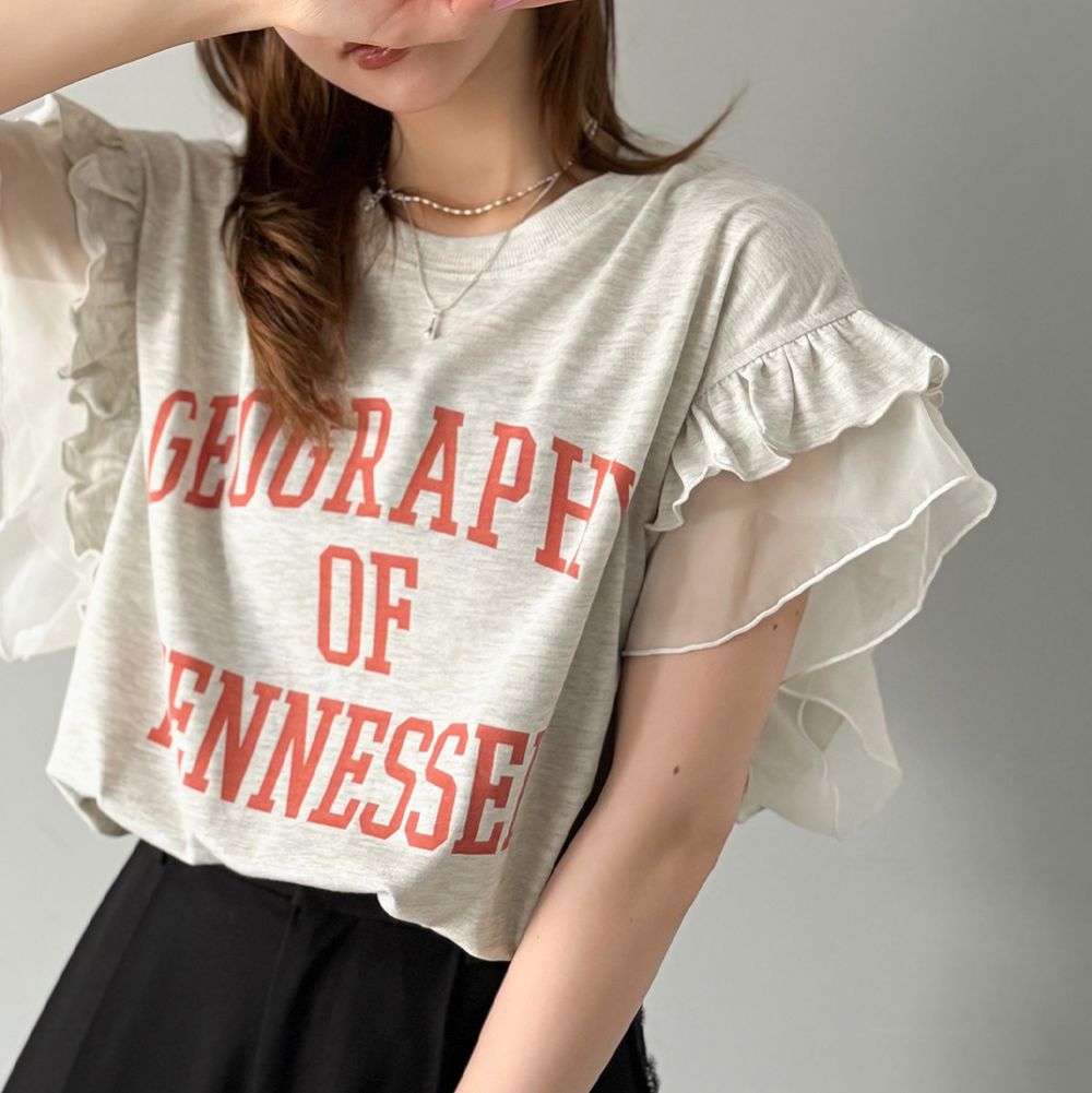 mily bilet 可愛學院風雙層荷葉短袖上衣-燕麥灰