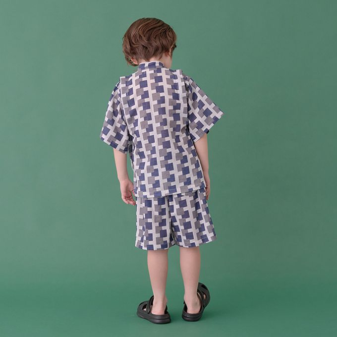 日本 b-ROOM - [限量]夏季印花純棉甚平-方塊-灰藍