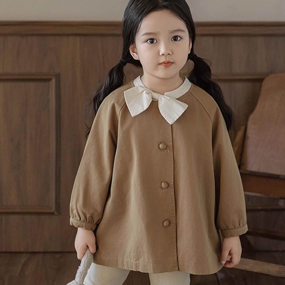 撞色蝴蝶結中長款休閒外套-卡其色