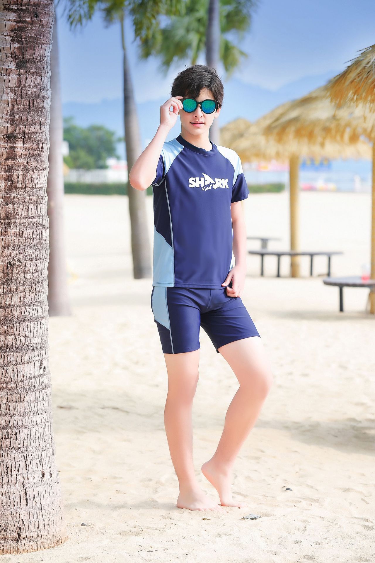 大童男孩短袖泳衣套裝(二件組)-SHARK-黑色-泳衣、泳褲