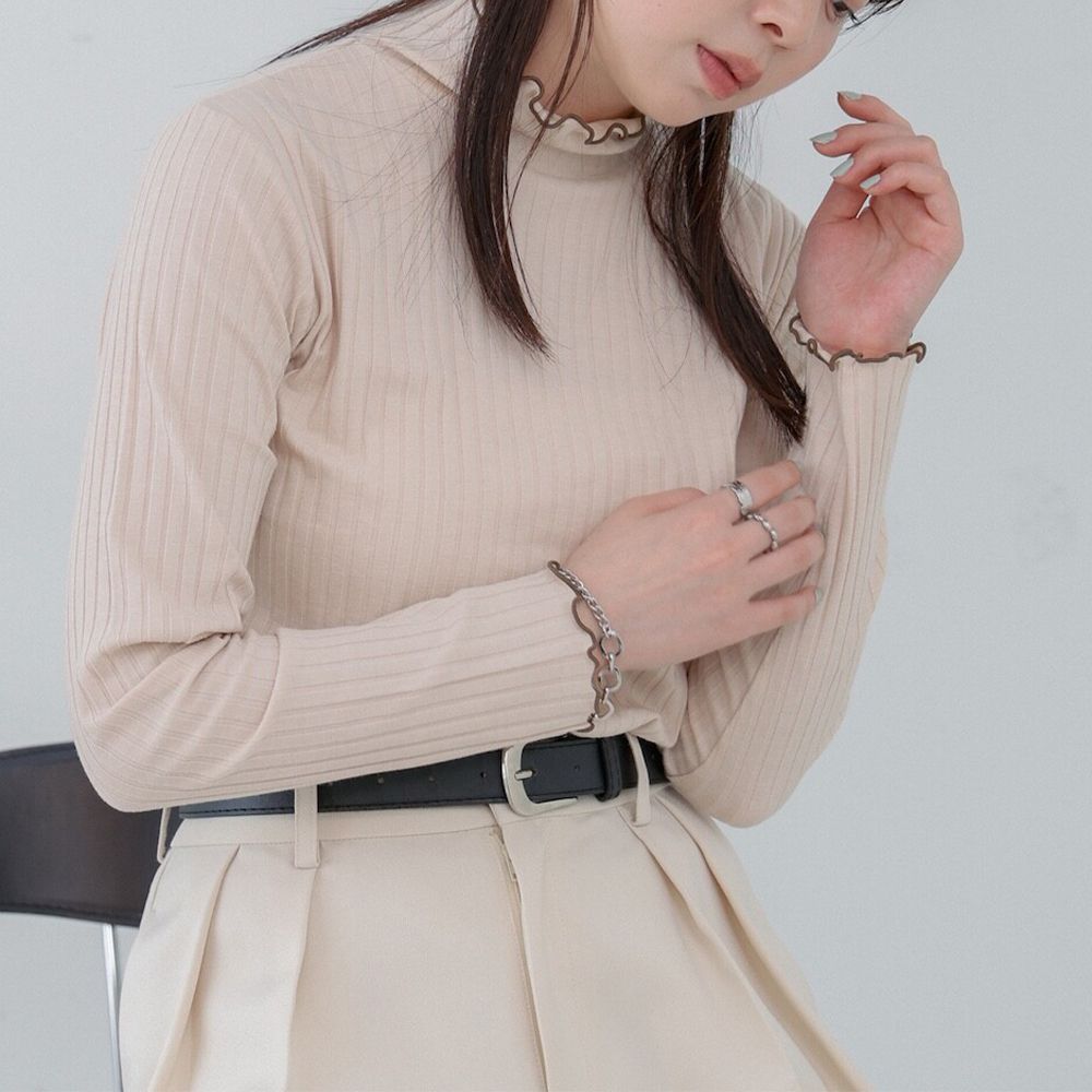 木耳滾邊典雅羅紋長袖上衣-高領-象牙 (M)