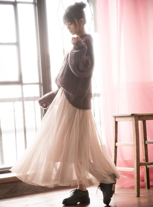 日本 GRL - 飄逸顯瘦雙層傘紗裙-天使白 (M)