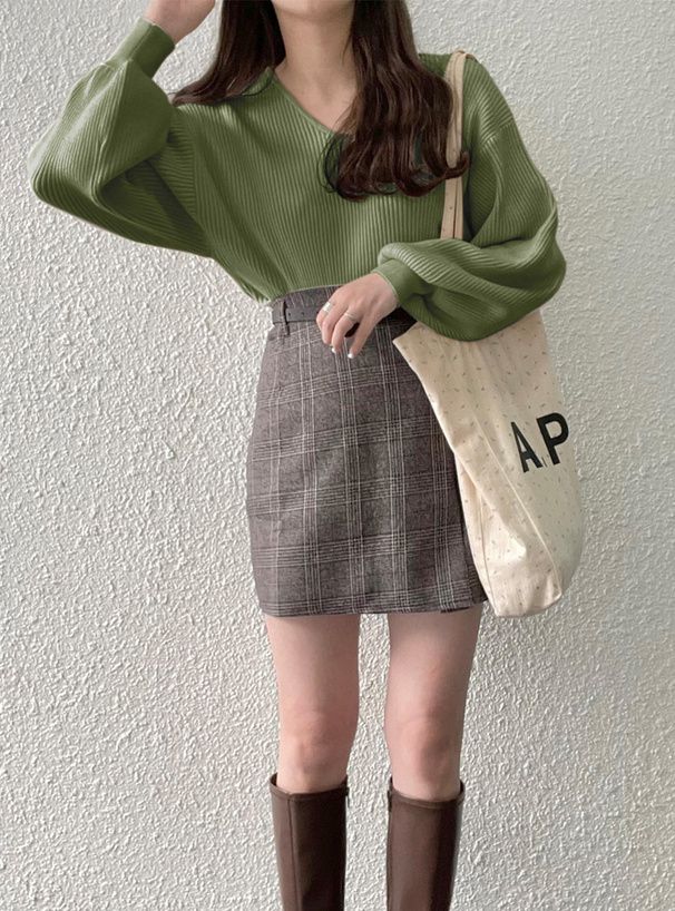 日本 GRL - 修身V領澎袖針織上衣-清新綠 (F)