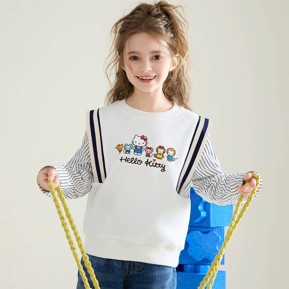 學院風假兩件長袖上衣-卡通人物Hello Kitty-白色