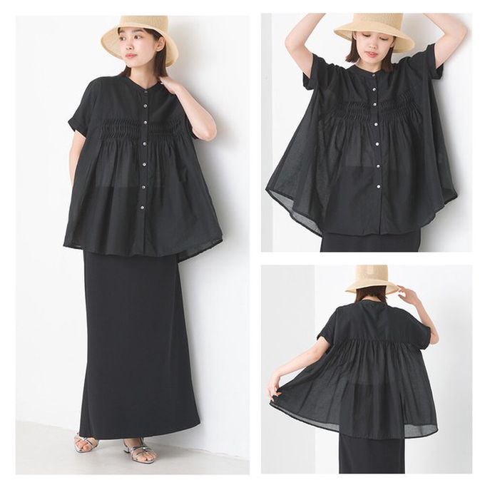 日本 OMNES - 100%印度棉 皺摺傘狀短袖襯衫-綠條紋