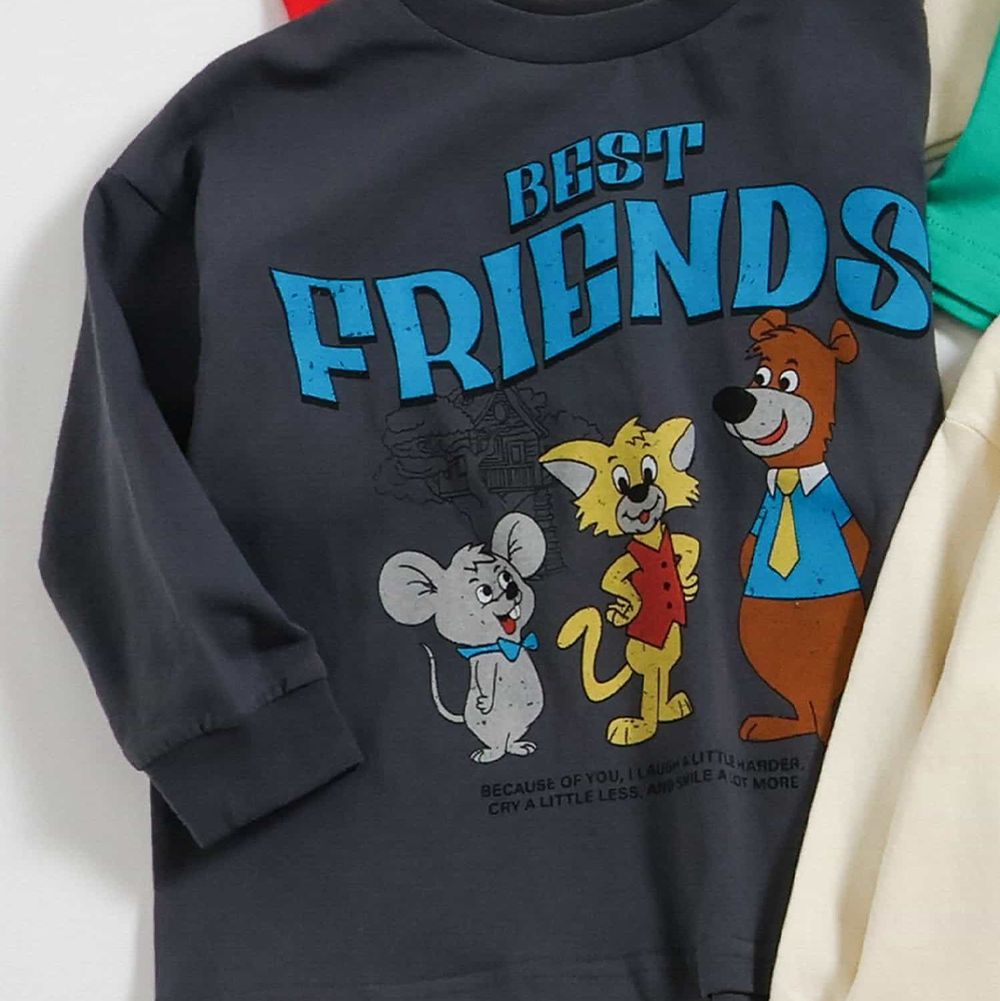 復古風動物好朋友長袖上衣-老鼠貓與熊-炭灰