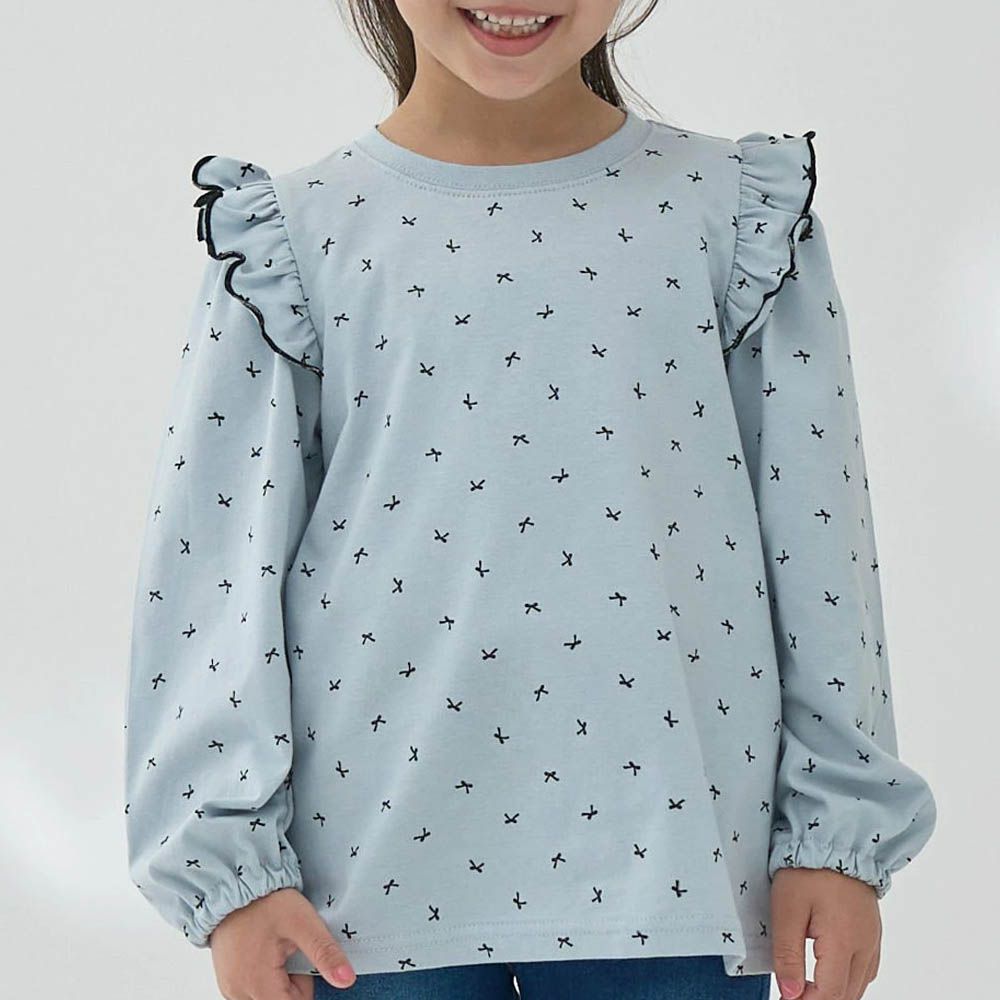 100%棉 浪漫荷葉肩滿版印花長袖上衣-蝴蝶結-淺灰藍