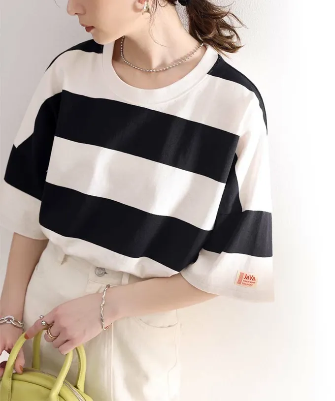 日本 Classical Elf - Java 純棉寬條紋落肩五分袖上衣-黑x白