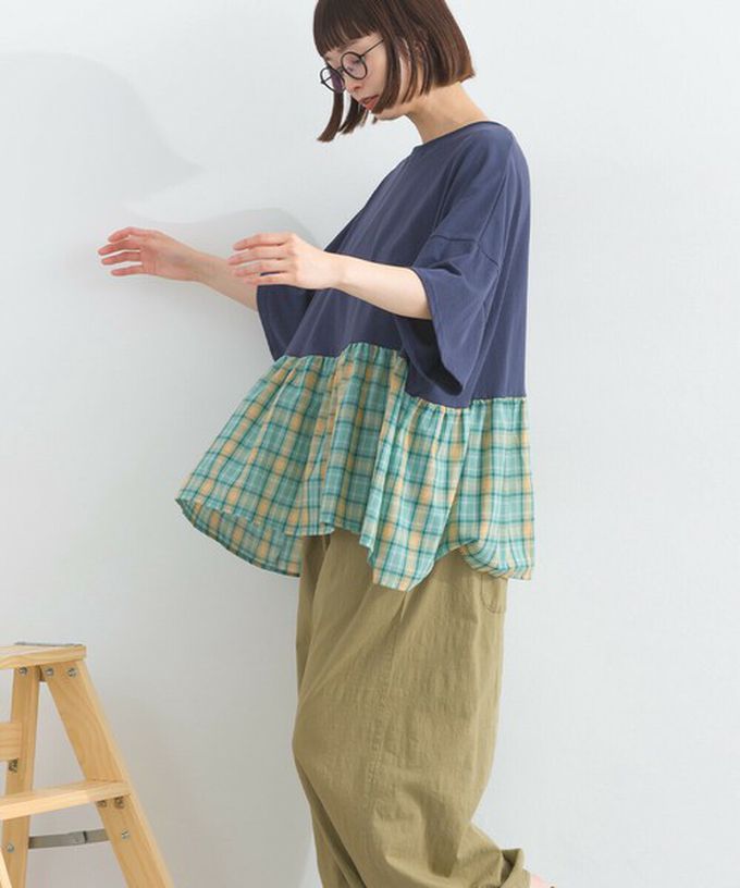 日本 Lupilien - 接觸涼感 可愛格紋休閒五分袖上衣-藍綠