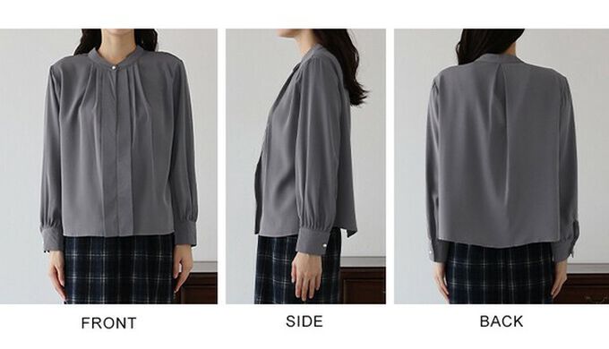 日本 BLUE EAST - 2way領知性整潔感打褶長袖上衣-珍珠袖扣-炭灰