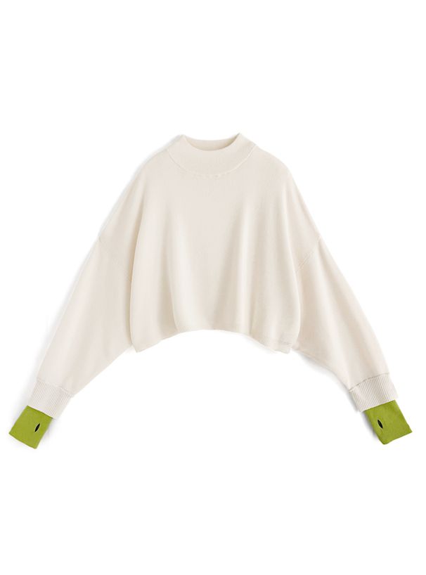 日本 GRL - 假兩件針織短版長袖上衣(附指穴)-寶貝藍x淺灰 (F)