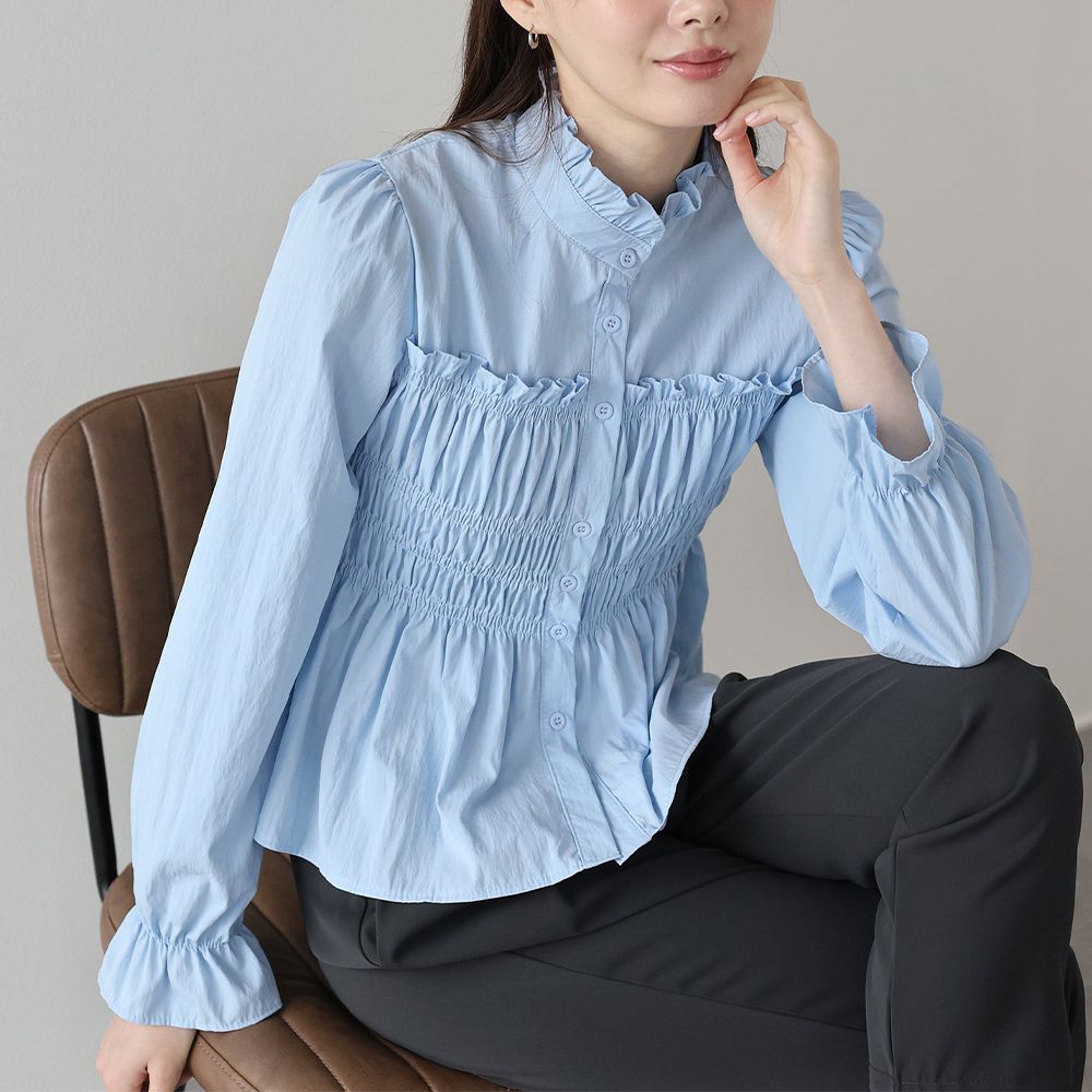 小立領荷葉皺摺束腰長袖襯衫-水藍