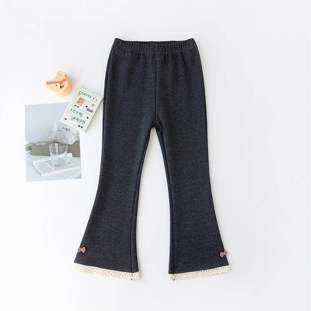 厚棉微喇叭內搭褲-花邊蝴蝶結-深灰