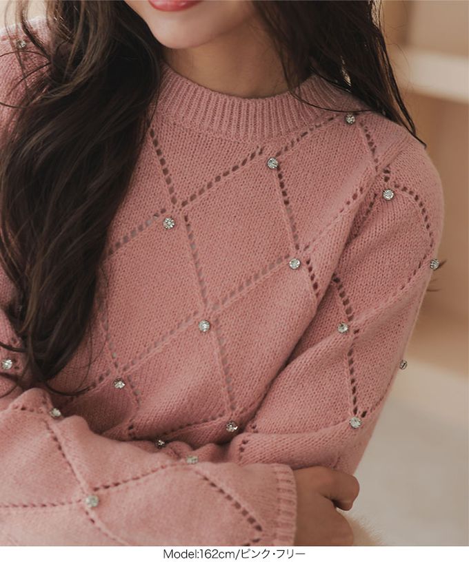 日本 Kobe Lettuce - 搶眼菱格紋珠飾點綴針織上衣-灰