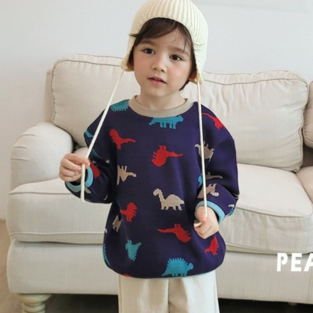 Peanuts House 撞色恐龍針織長袖毛衣-海軍藍