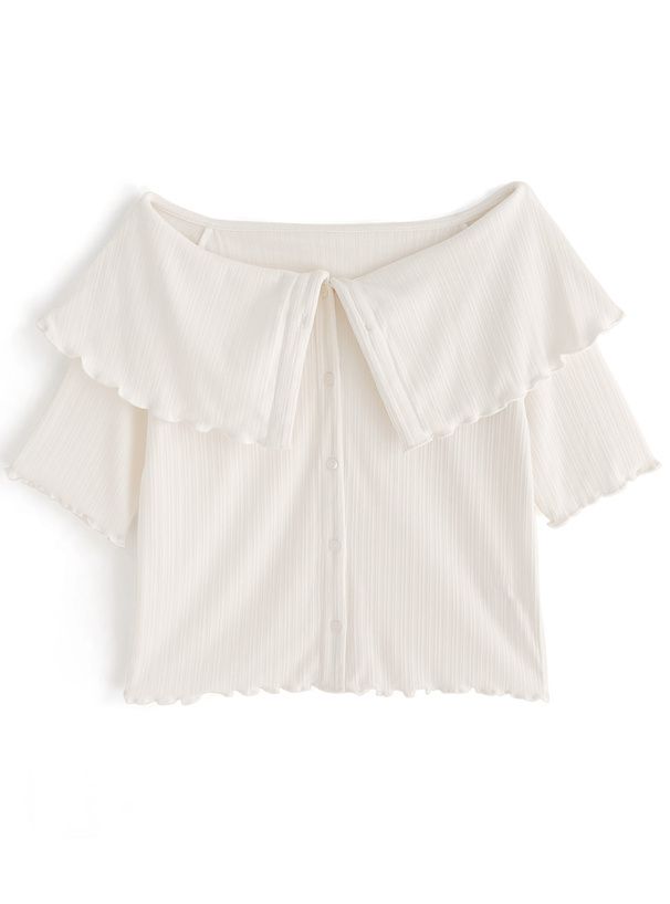 日本 GRL - 木耳捲邊翻領五分袖上衣-黑 (F)