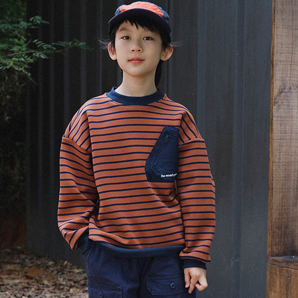 保暖加絨口袋拼接長袖上衣/大學T-橘棕條紋