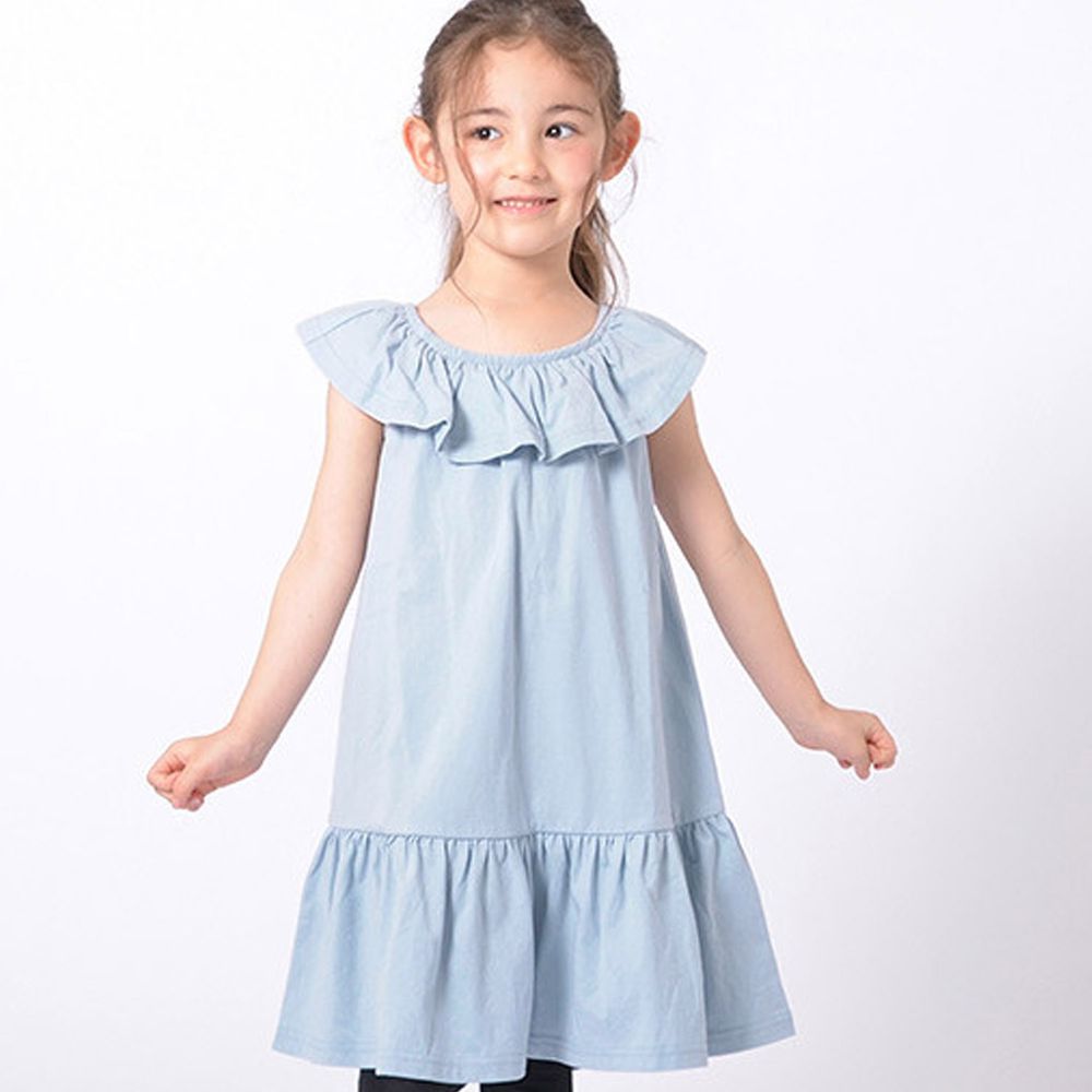 日本 TORIDORY - 純棉 荷葉圓領無袖洋裝-寶貝藍