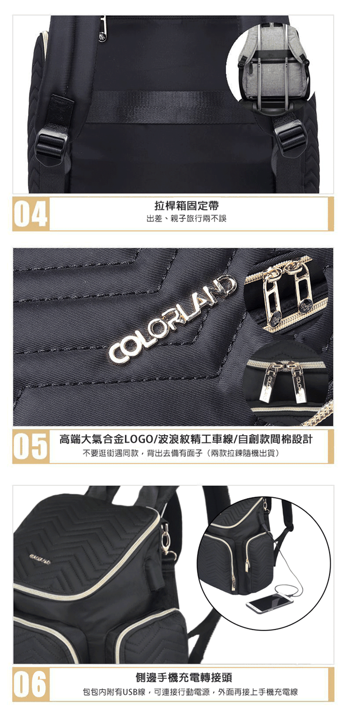 Colorland - 菱格紋大容量後背包 附USB充電接頭-黑色款 (29*16*37cm)