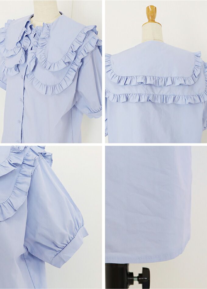 日本 BLUE EAST - 輕奢多層次荷葉大領短袖上衣-白