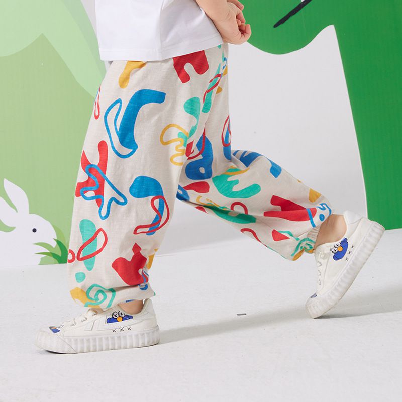 竹節棉束口長褲/防蚊褲-滿版繽紛英文字母-杏色