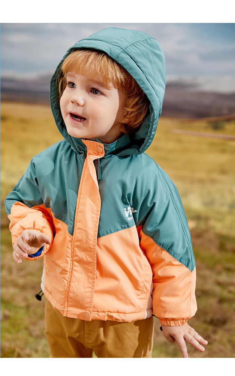 加厚連帽拼色羽絨外套-橘+綠