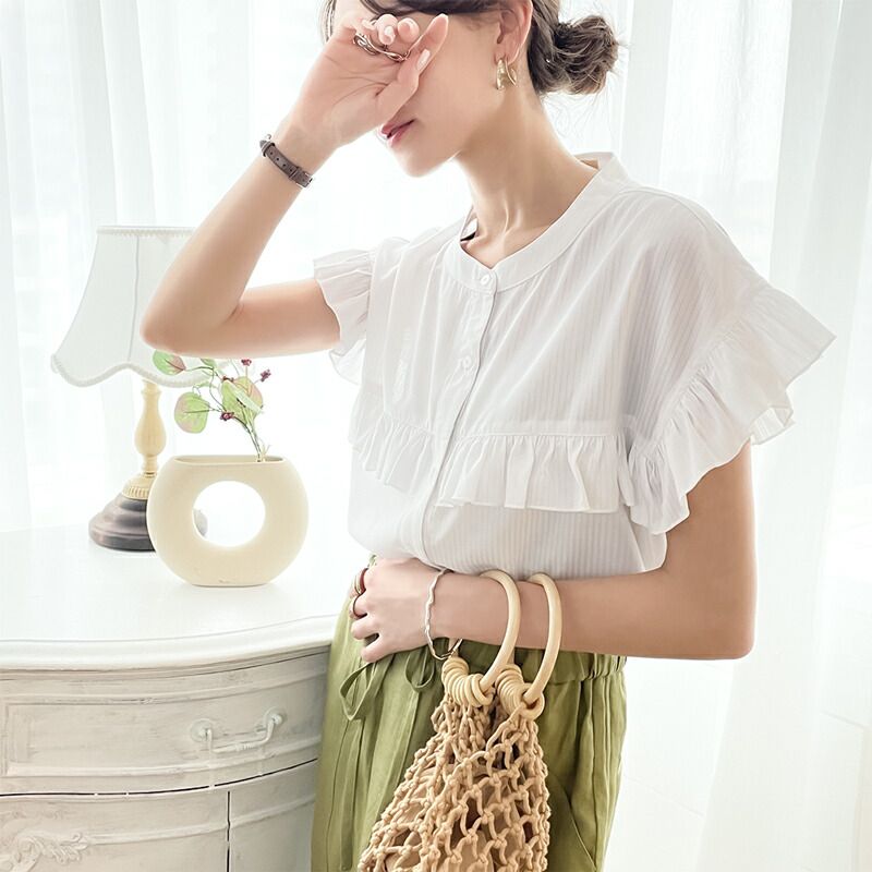 日本 Classical Elf - 荷葉邊點綴圓領短袖襯衫-果綠