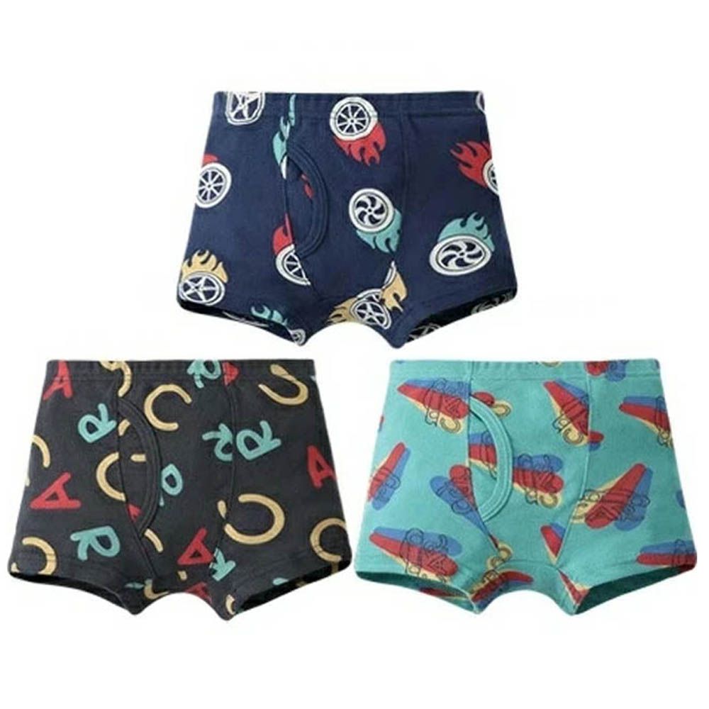 [人氣No.1]純棉透氣男孩內褲(3入)-英文x車車x風火輪-黑綠藍