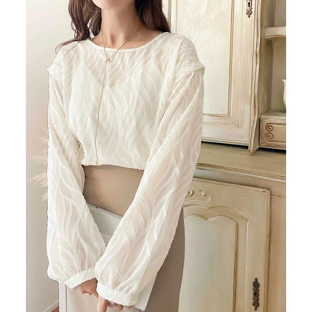 波光粼粼刺繡透膚2way長袖襯衫-淺米杏