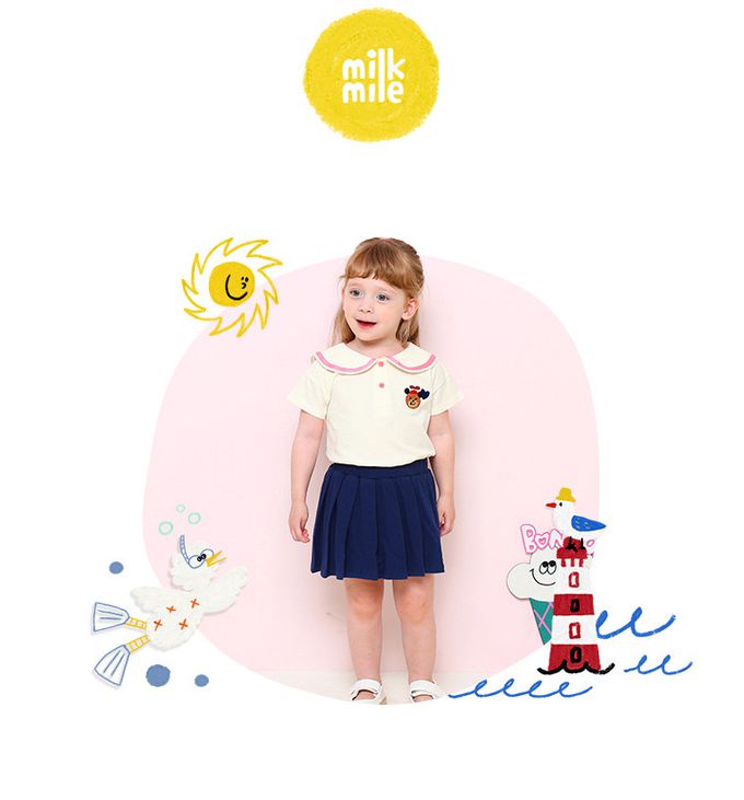 韓國 milk mile - 俏皮小熊印翻領百褶裙套裝-米白X紅