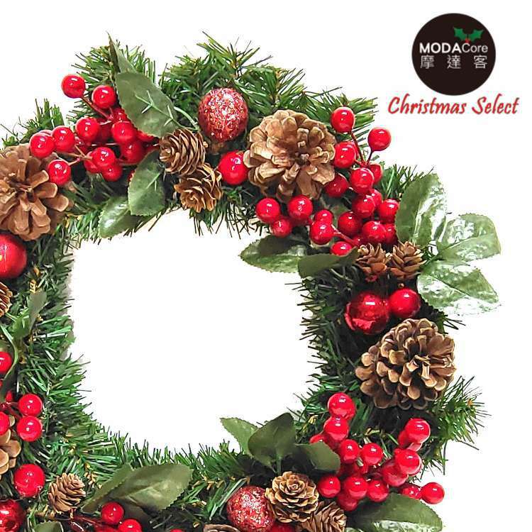 MODACore 摩達客 - 摩達客耶誕-台製歐風典雅14吋大地盛宴紅球果松果聖誕花圈_福臨圈(免組裝/台灣設計手工藝製)