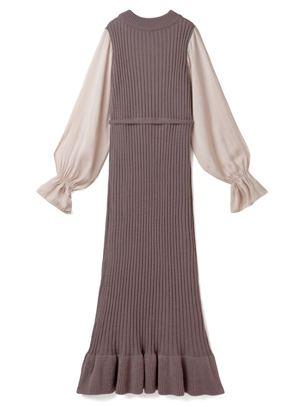 日本 GRL - 異材質拼接雪紡袖針織長洋裝-摩卡