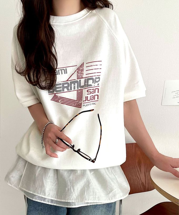 日本 Classical Elf - 前後2way復古標語印花五分袖上衣-燕麥