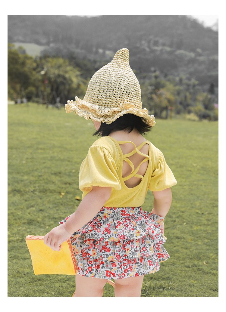 鳥眼簍空泡泡袖上衣-黃色