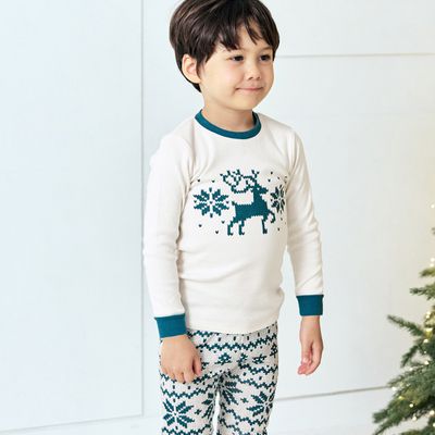 韓國 Maykids - 親膚舒絨棉彈性長袖家居服-雪花馴鹿-米X藍綠