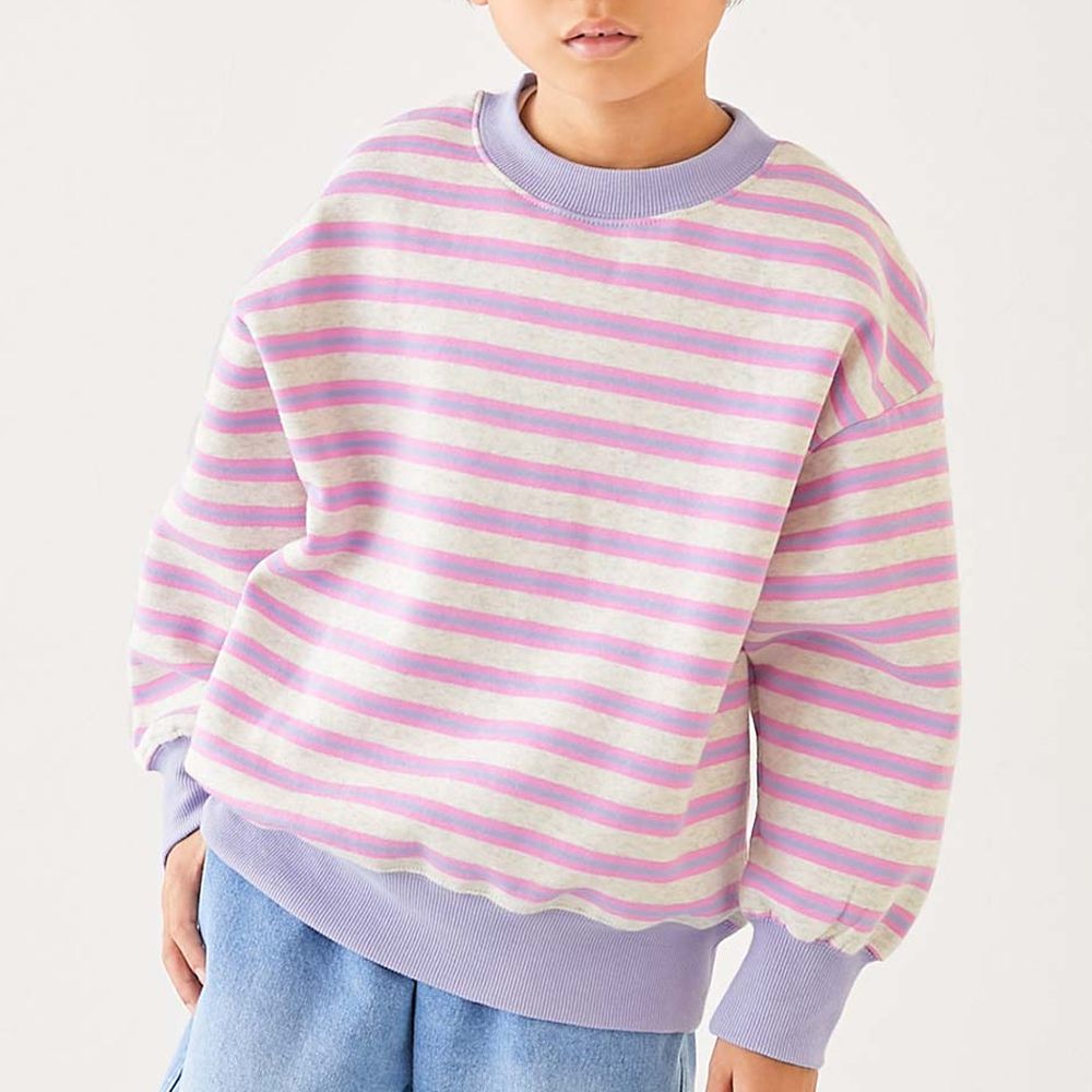 裏起毛 百搭條紋大學長袖上衣-粉紅