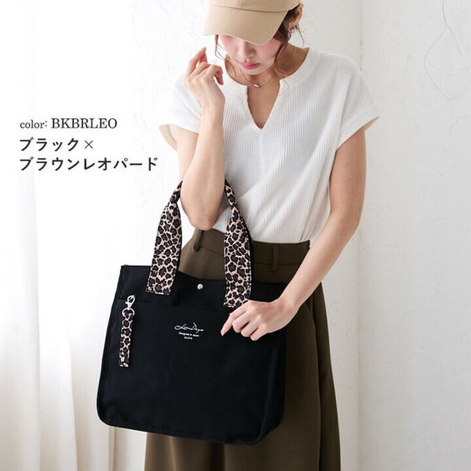 日本 LIZDAYS - 通勤推薦 清爽帆布實用托特包-黑x斑點 (32x33cm)