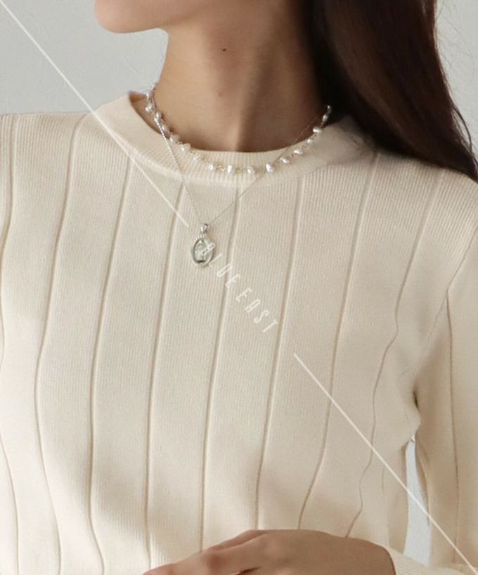 日本 BLUE EAST - 圓領粗坑條長袖針織上衣-墨綠