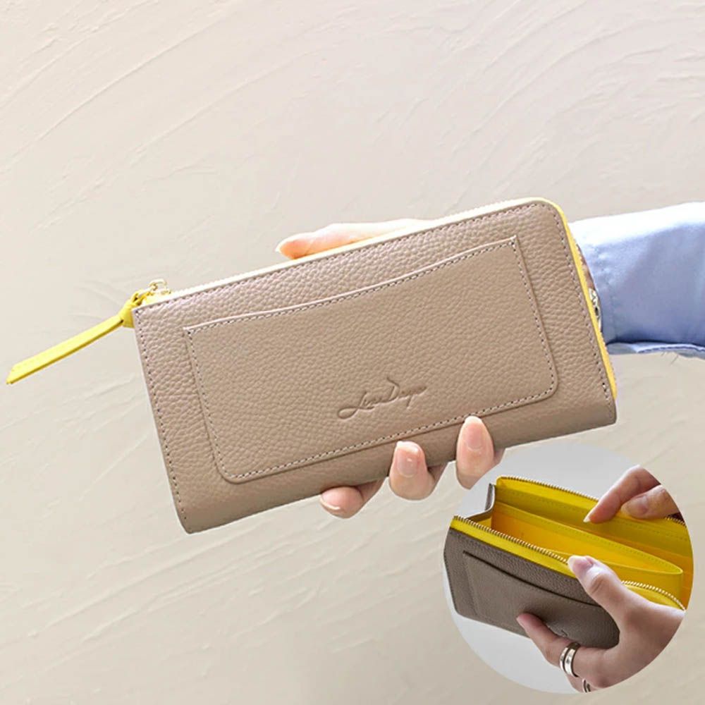 極輕巧-3cm薄型雅緻真皮長夾-卡其x黃 (17.3x9.2cm)