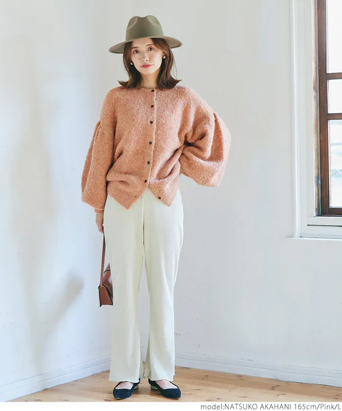 日本 COCA - 澎澎氣球袖針織開襟衫-橘粉