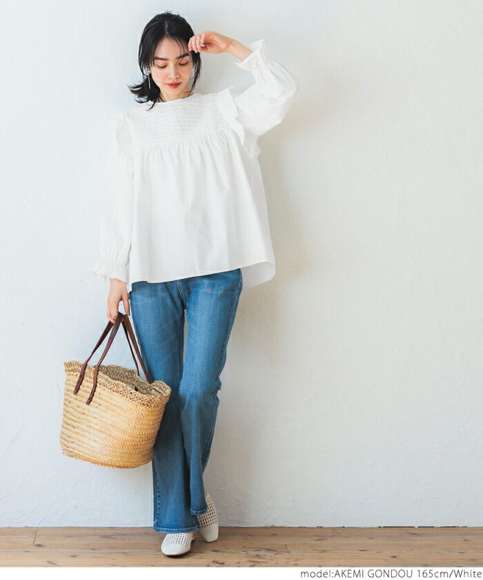 日本 COCA - 古典荷葉邊糖果袖寬鬆長袖上衣-白
