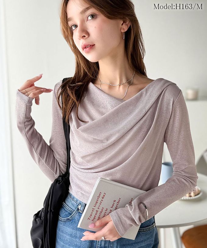 日本 Classical Elf - 柔美皺摺顯瘦V領薄長袖上衣-淺灰