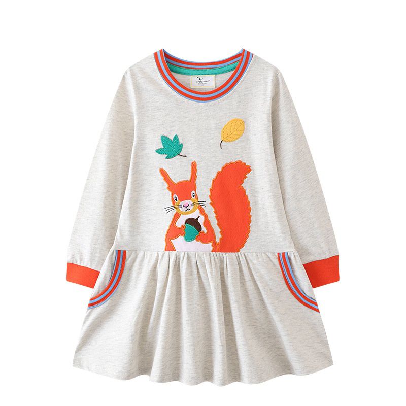 Jumping meters - 棉質圓領長袖連身洋裝-可愛松鼠-灰色