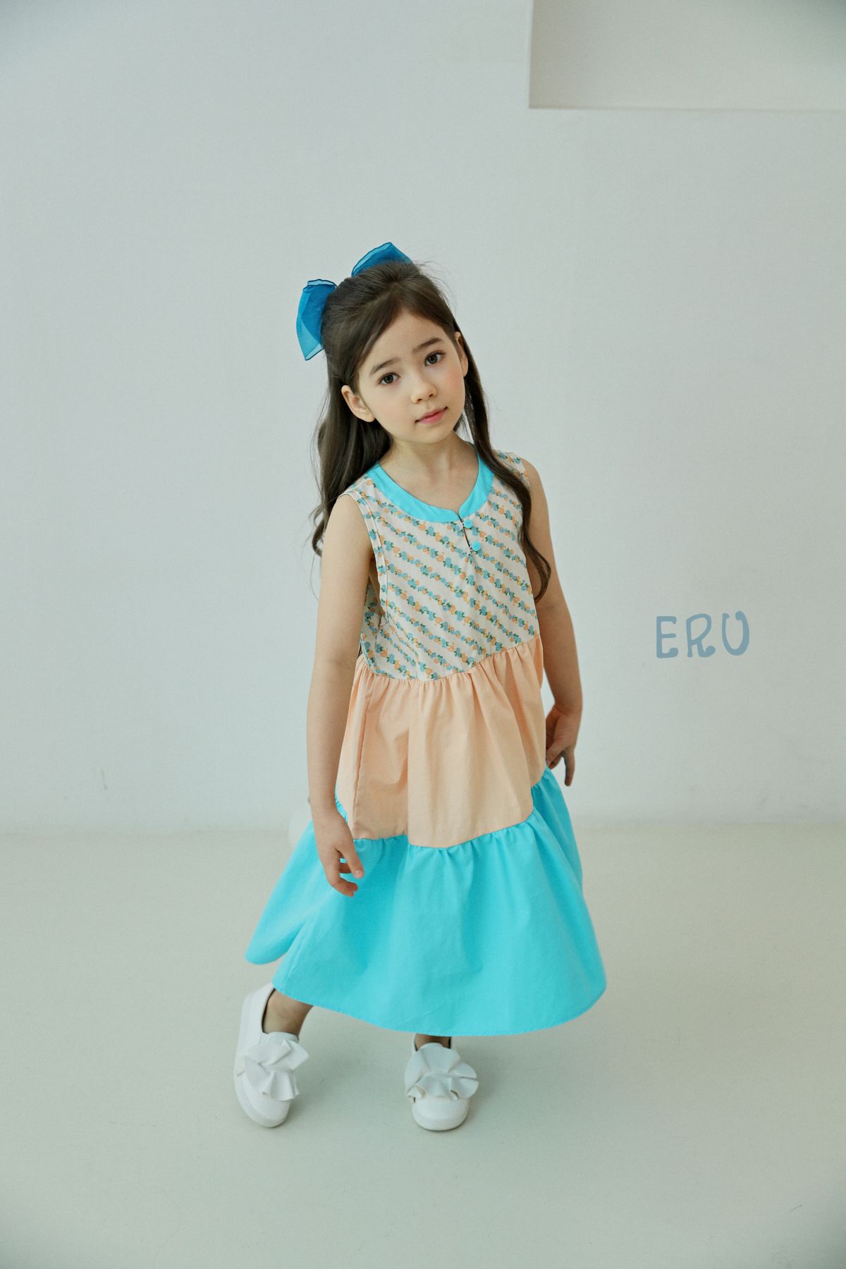 韓國 ERU - 斜紋花朵拼接色長版洋裝-藍粉