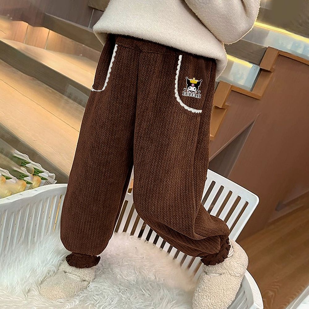 蕾絲花邊燈芯絨縮口長褲-卡通人物酷洛米-咖色