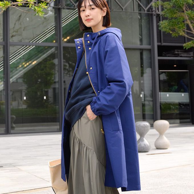 日本 OMNES - 潑水加工 派克連帽風衣長版外套-寶藍
