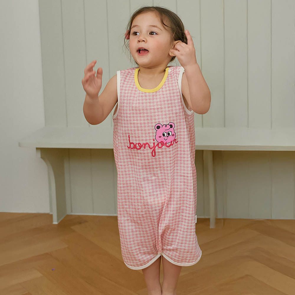 透氣網眼洞洞連身防踢被-格子粉熊-粉