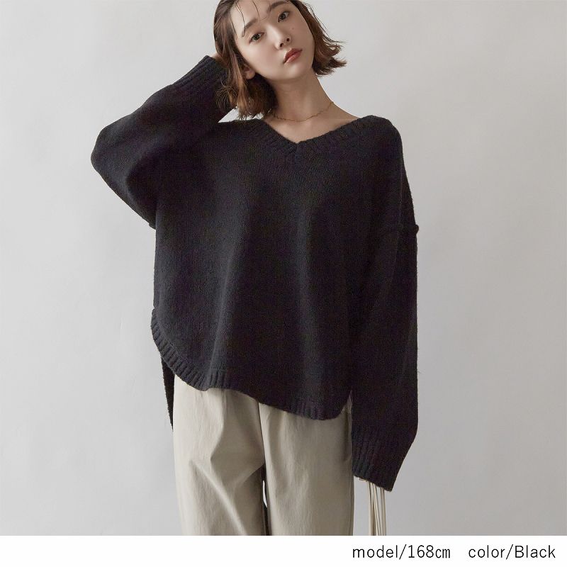 日本 Rejoule - V領落肩前短後長寬鬆針織毛衣-紫 (M(Free size))