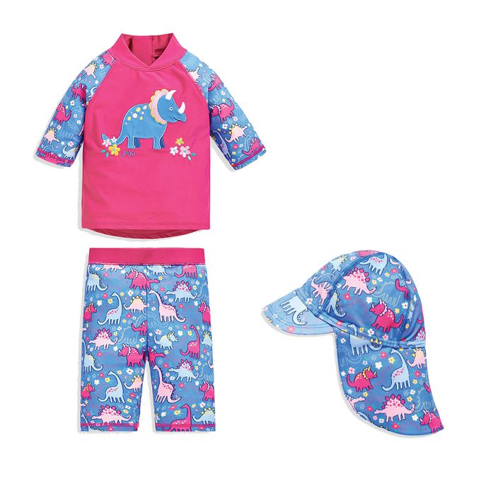 英國 JoJo Maman BeBe - 兩件式泳裝+防曬護頸遮陽帽-粉藍三角龍_JJE5031+粉藍三角龍 _JJE5034