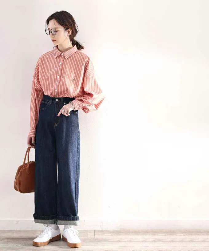 日本 Classical Elf - 胸前刺繡直條紋率性長袖襯衫-藍紫